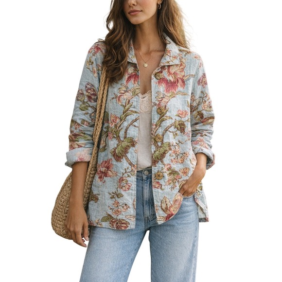 Painted Pony Jackets & Blazers - Vintage Painted Pony Linen Jacket Floral Blue Artsy Boho Button Front Top L Y2K